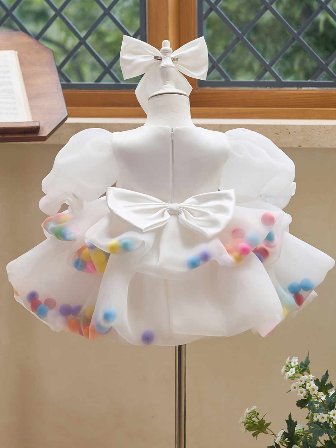 Colorful Pom Pom Puff Sleeve Girls Birthday Dress J510