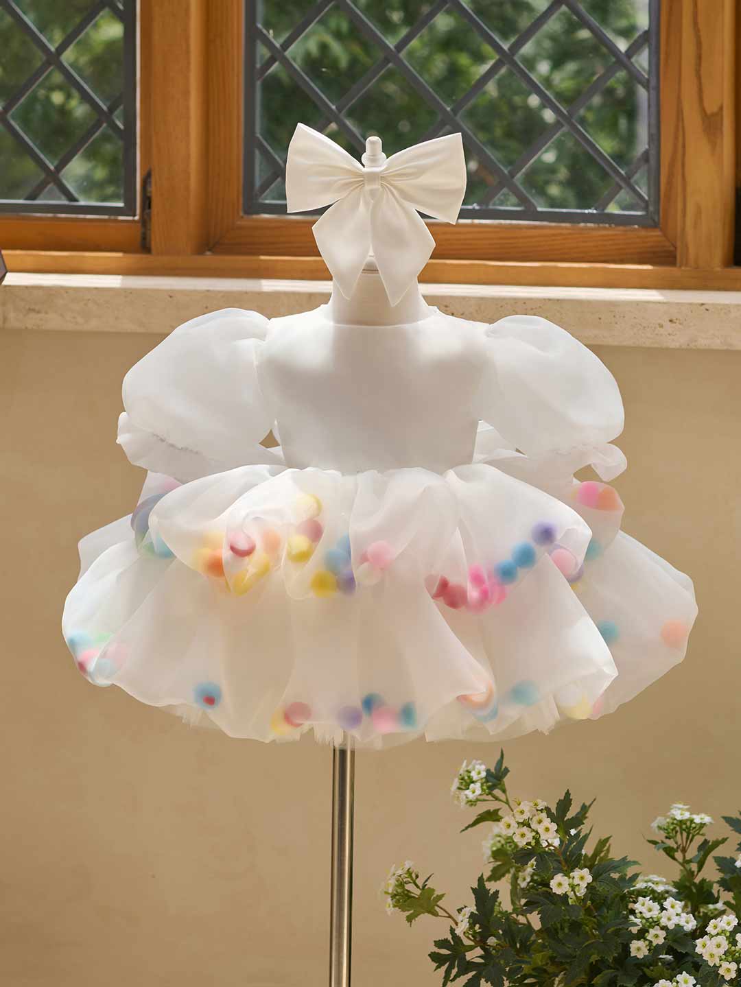 Colorful Pom Pom Puff Sleeve Girls Birthday Dress J510