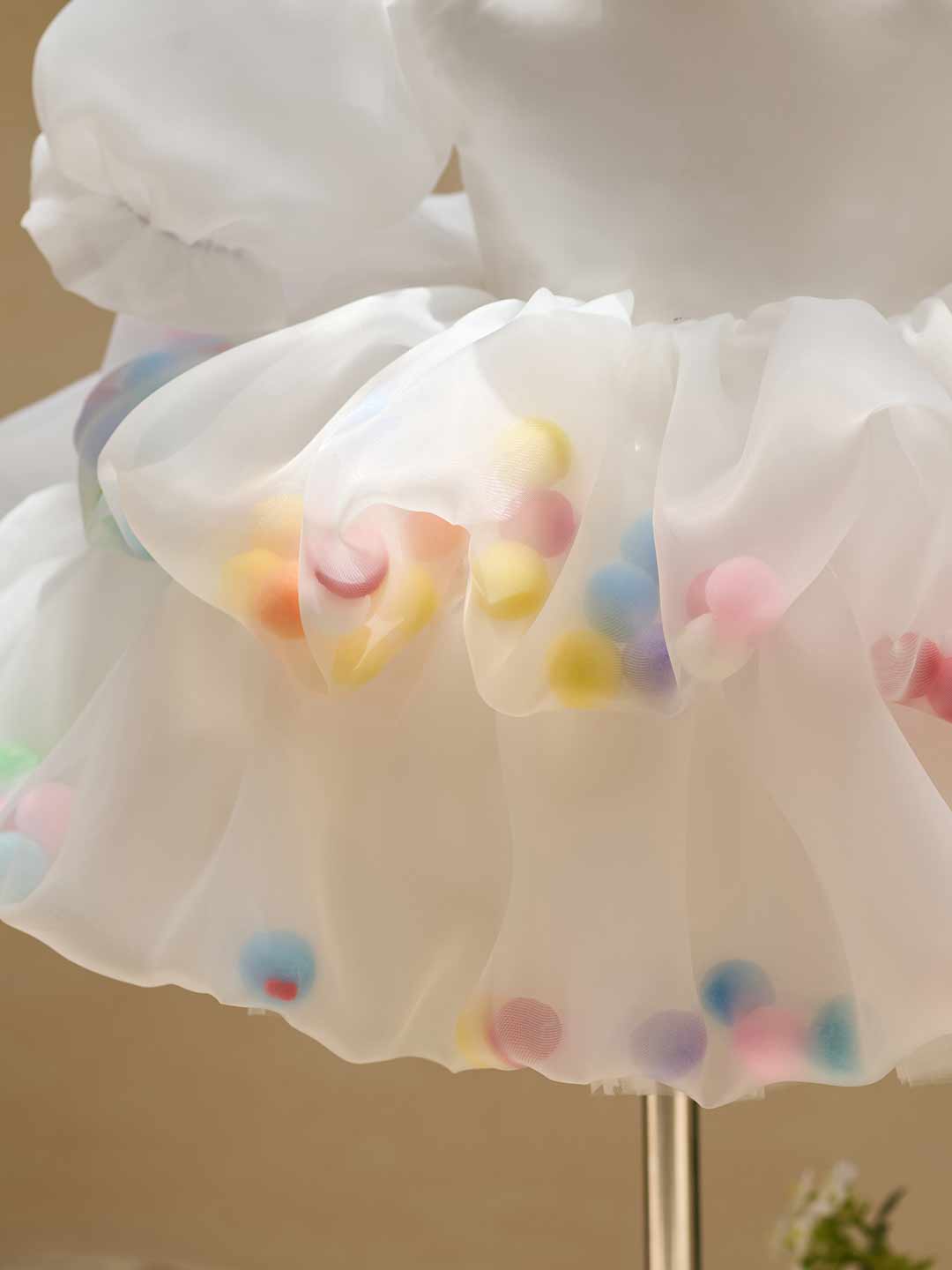 Colorful Pom Pom Puff Sleeve Girls Birthday Dress J510