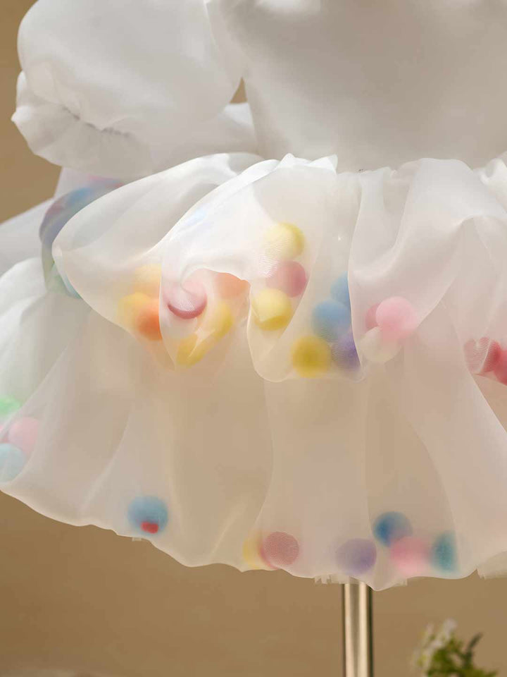 Colorful Pom Pom Puff Sleeve Girls Birthday Dress J510