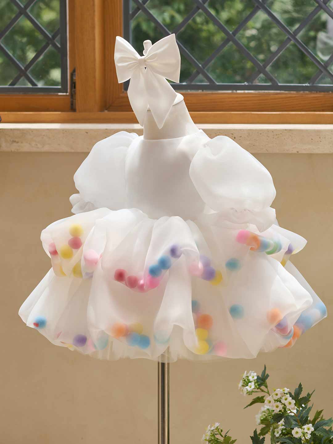 Colorful Pom Pom Puff Sleeve Girls Birthday Dress J510