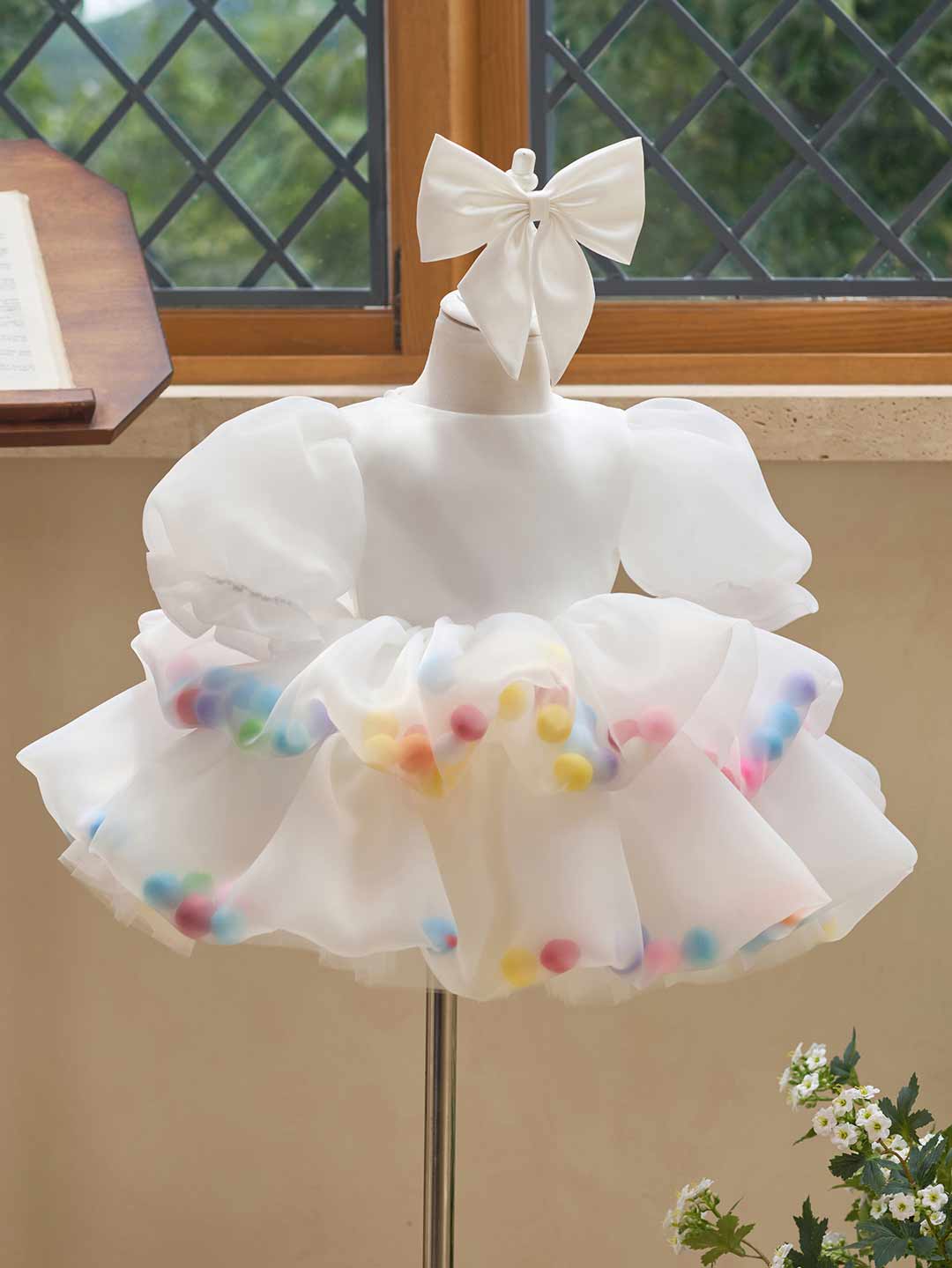 Colorful Pom Pom Puff Sleeve Girls Birthday Dress J510