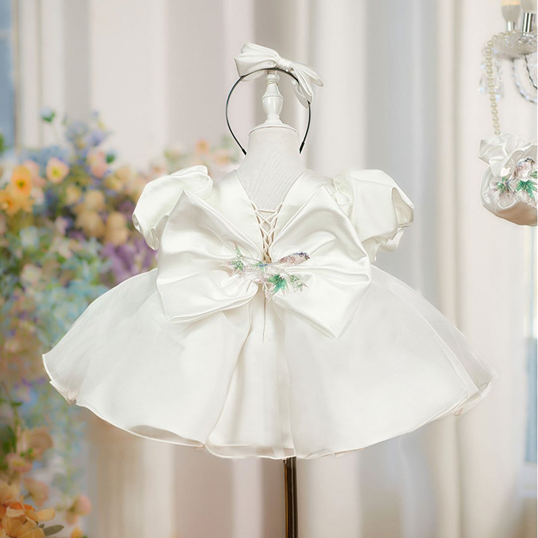 Luxury Satin White Princess Girl Dress Knee Length for Birthday Party D228