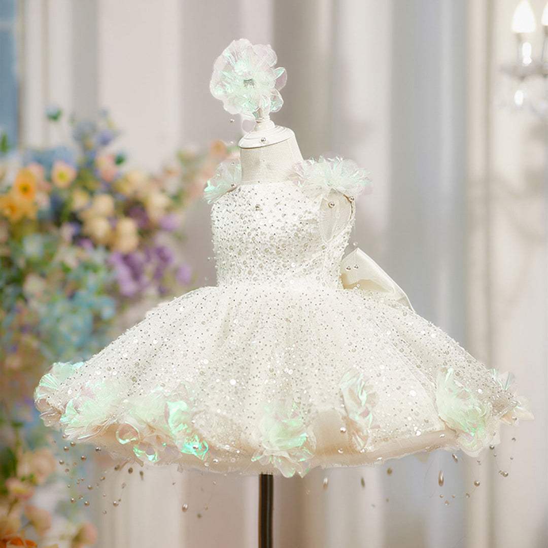 Elegant White Beaded Princess Girls Dress for Birthday Party Wedding J848