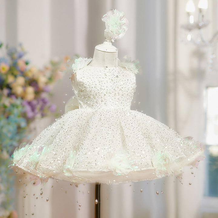Elegant White Beaded Princess Girls Dress for Birthday Party Wedding J848