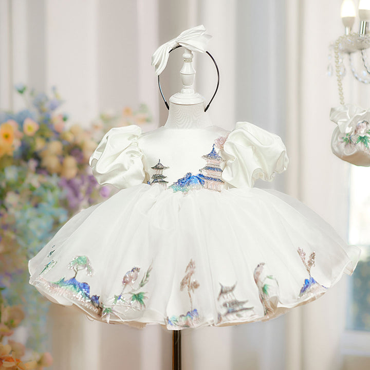 Luxury Satin White Princess Girl Dress Knee Length for Birthday Party D228