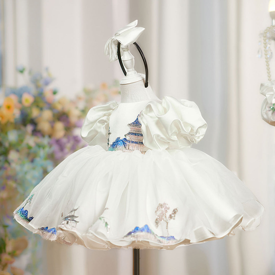 Luxury Satin White Princess Girl Dress Knee Length for Birthday Party D228