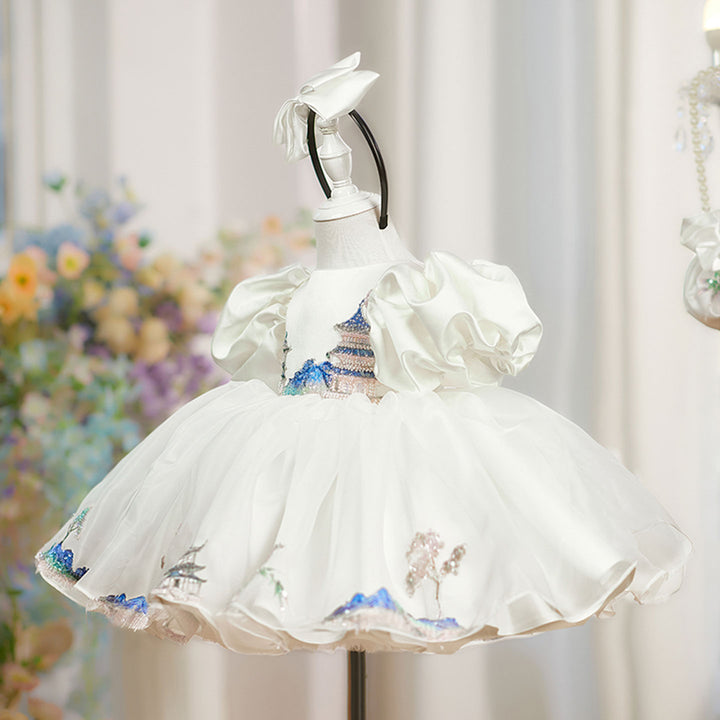 Luxury Satin White Princess Girl Dress Knee Length for Birthday Party D228