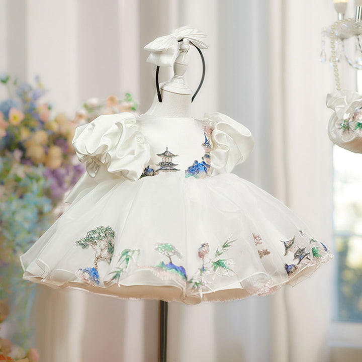 Luxury Satin White Princess Girl Dress Knee Length for Birthday Party D228