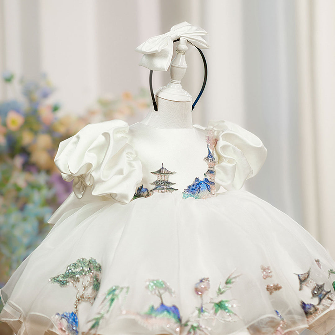 Luxury Satin White Princess Girl Dress Knee Length for Birthday Party D228