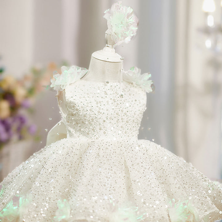 Elegant White Beaded Princess Girls Dress for Birthday Party Wedding J848
