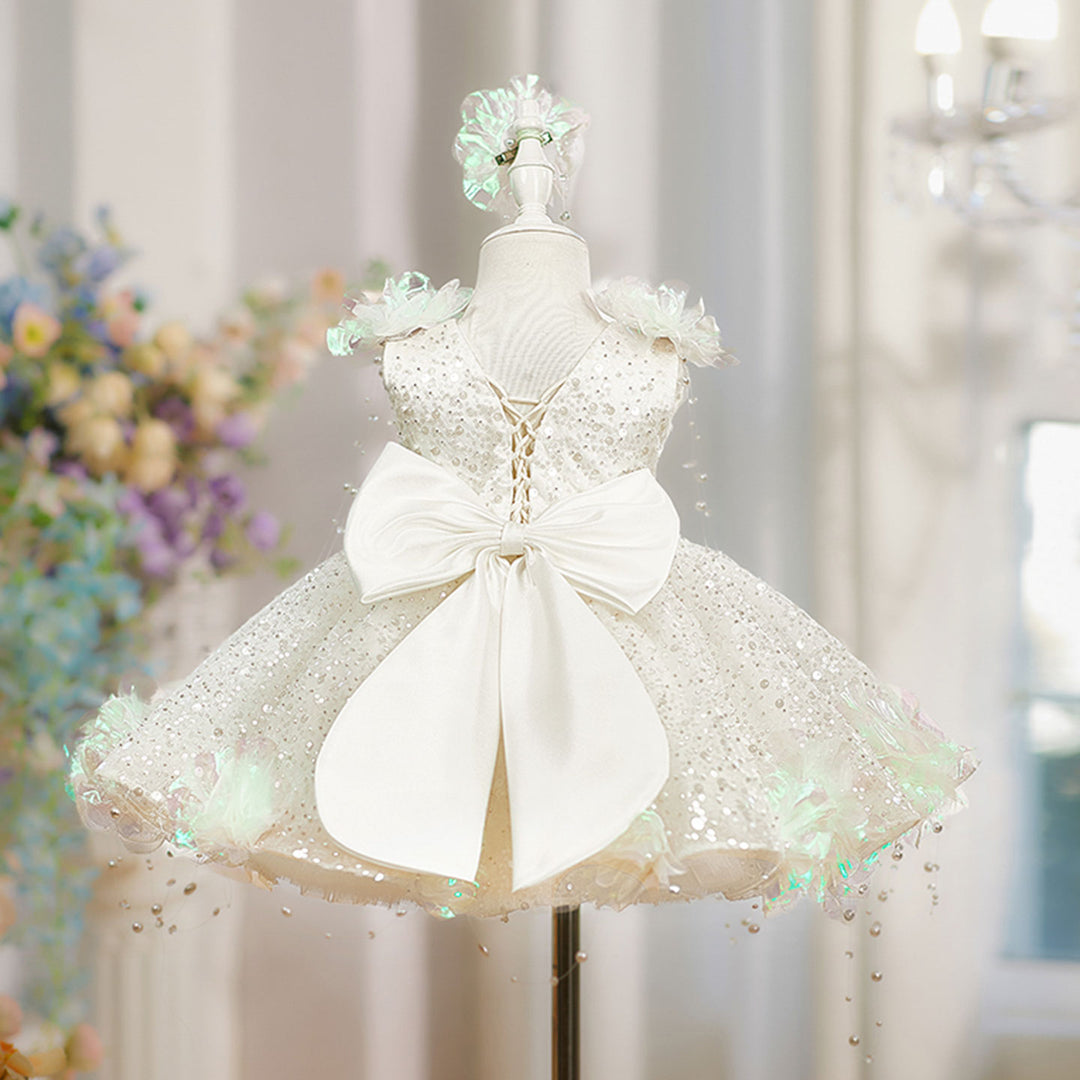 Elegant White Beaded Princess Girls Dress for Birthday Party Wedding J848