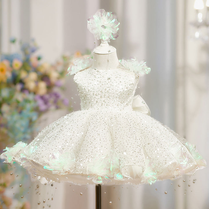 Elegant White Beaded Princess Girls Dress for Birthday Party Wedding J848