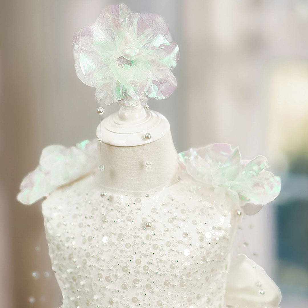 Elegant White Beaded Princess Girls Dress for Birthday Party Wedding J848