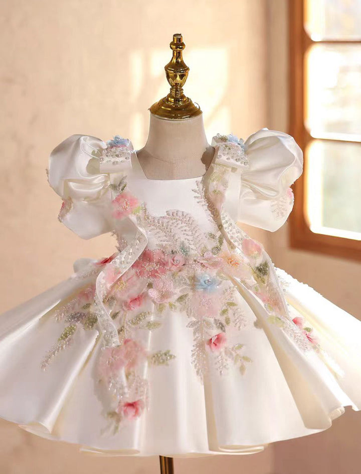 Luxury White Princess Dress with Beaded Flowers for Birthday Girls J840