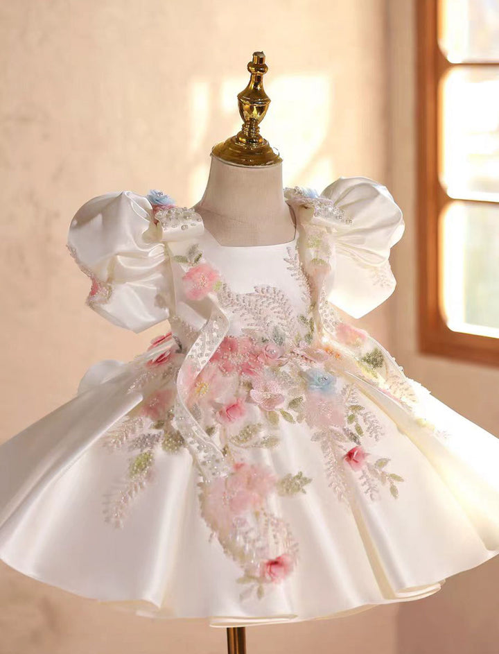 Luxury White Princess Dress with Beaded Flowers for Birthday Girls J840