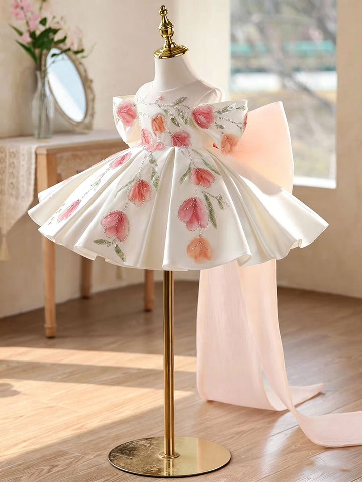 Luxury White Satin Flower Girl Dress with 3D Tulip Embroidery Princess Party Dress D267