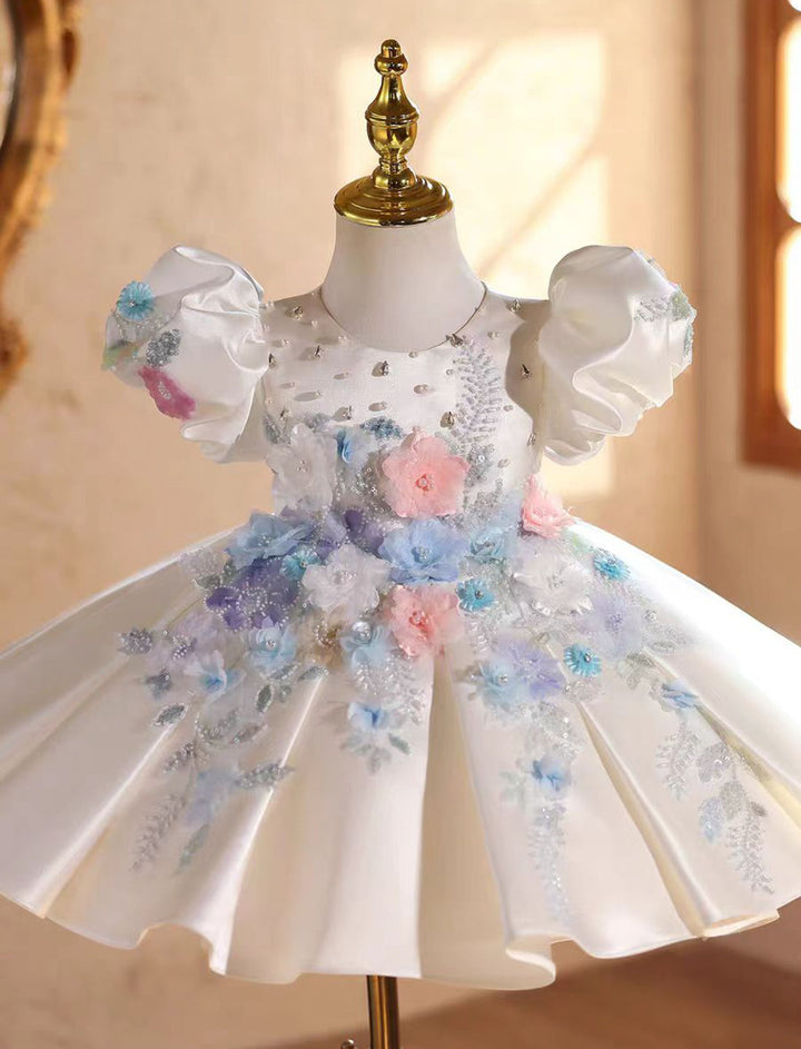 Elegant White Beaded Flower Girl Dress Princess Birthday Gown  J841