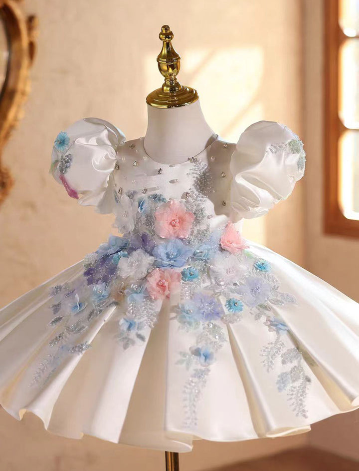 Elegant White Beaded Flower Girl Dress Princess Birthday Gown  J841
