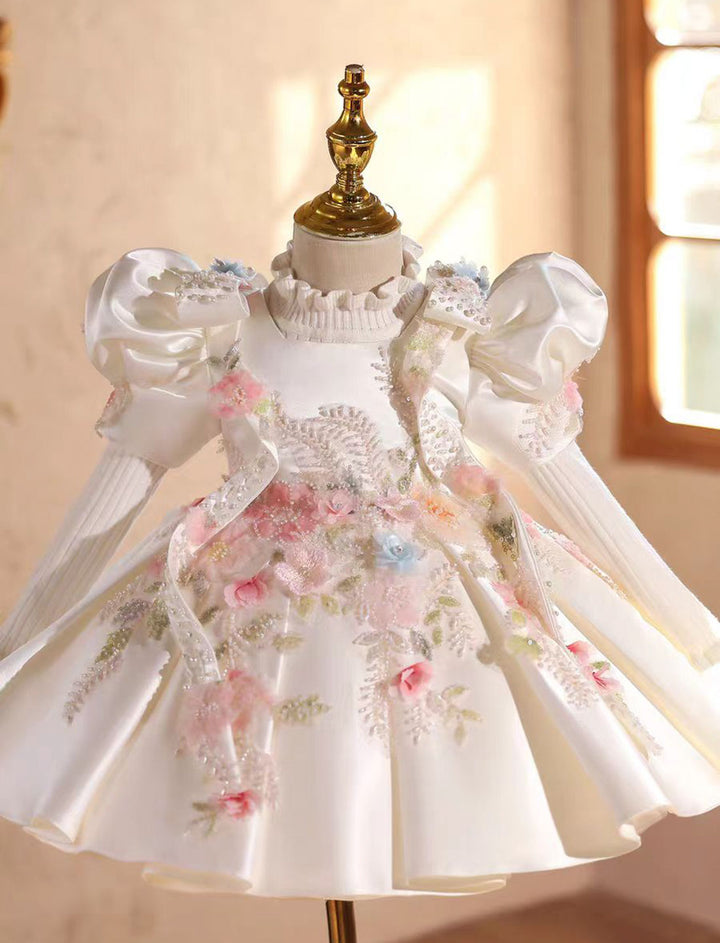 Luxury White Princess Dress with Beaded Flowers for Birthday Girls J840