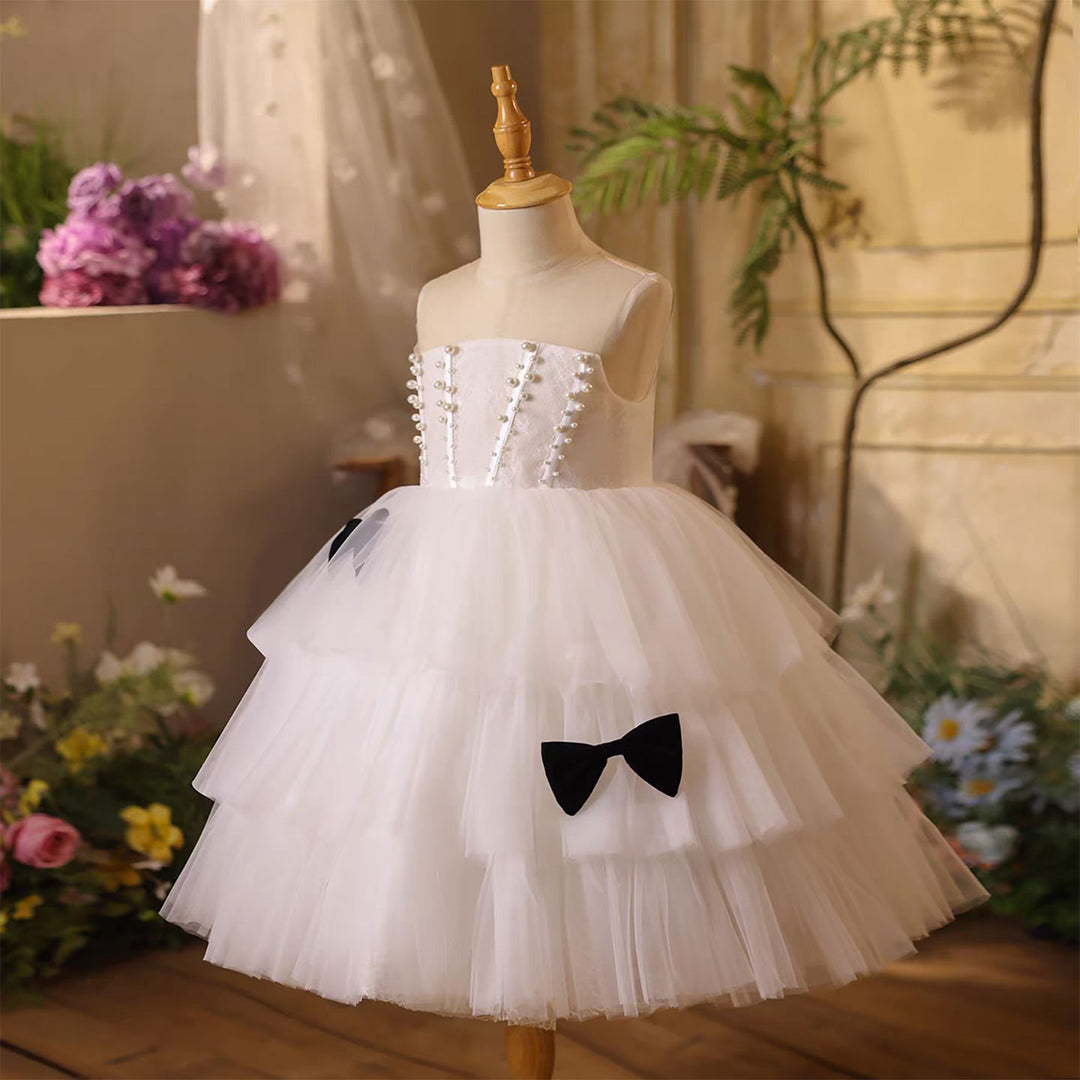 White Birthday Flower Girl Dress with Layered Ruffles Bow Detail D106