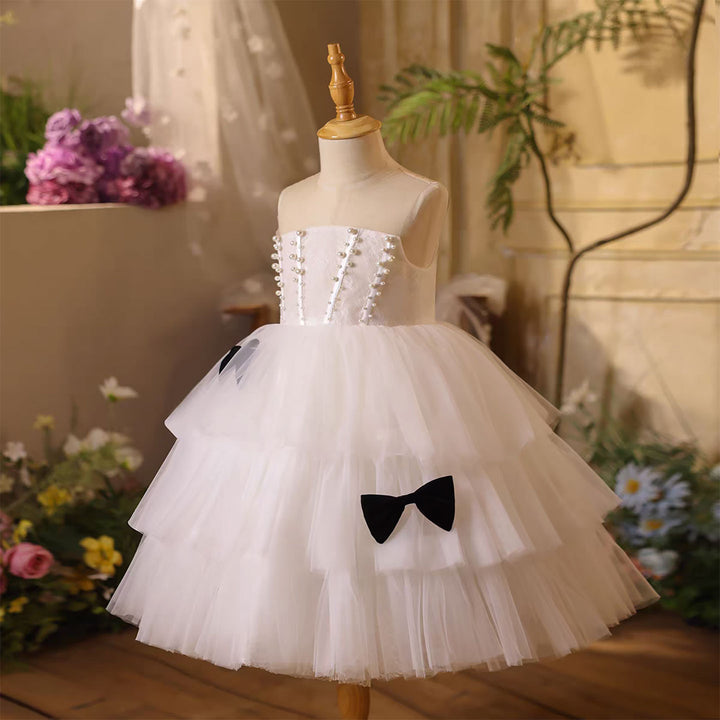 White Birthday Flower Girl Dress with Layered Ruffles Bow Detail D106