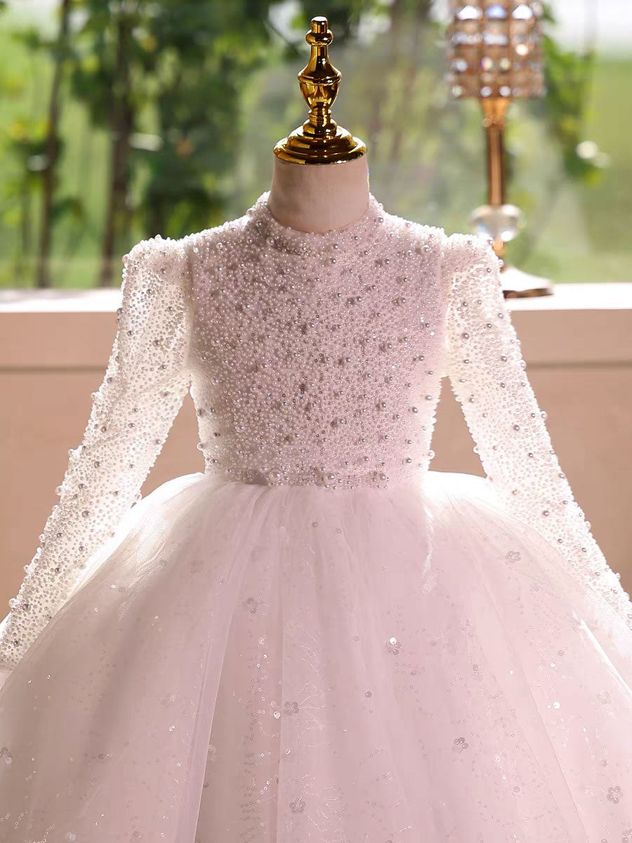 Elegant Long Princess Girl Dress with Flowers for Birthday Party D176