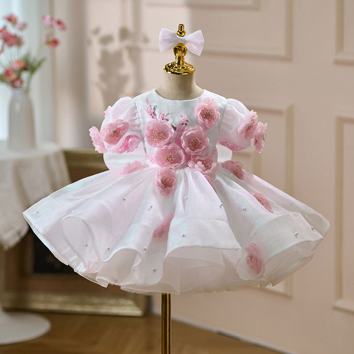 Elegant Flower Girl Dress with Floral Embellishments for Weddings Parties J439