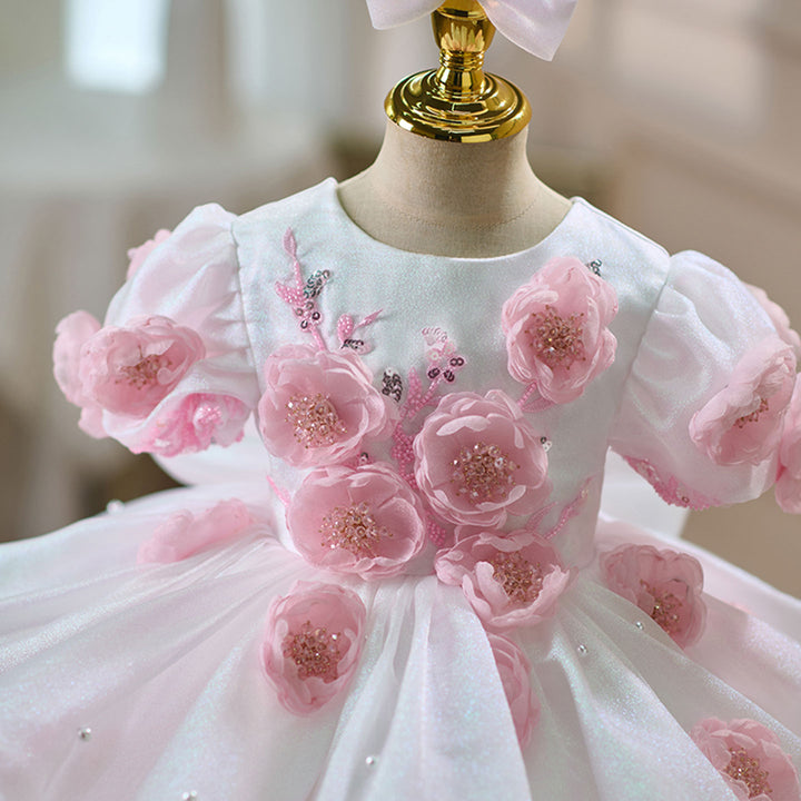 Elegant Flower Girl Dress with Floral Embellishments for Weddings Parties J439