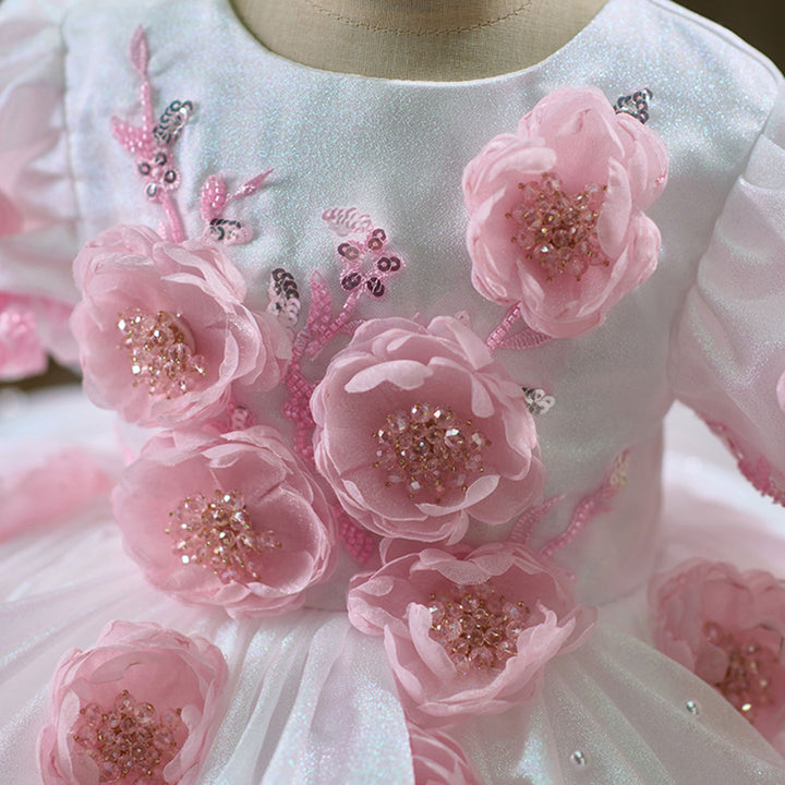 Elegant Flower Girl Dress with Floral Embellishments for Weddings Parties J439