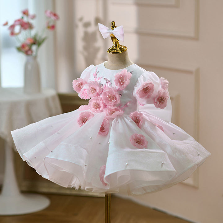 Elegant Flower Girl Dress with Floral Embellishments for Weddings Parties J439