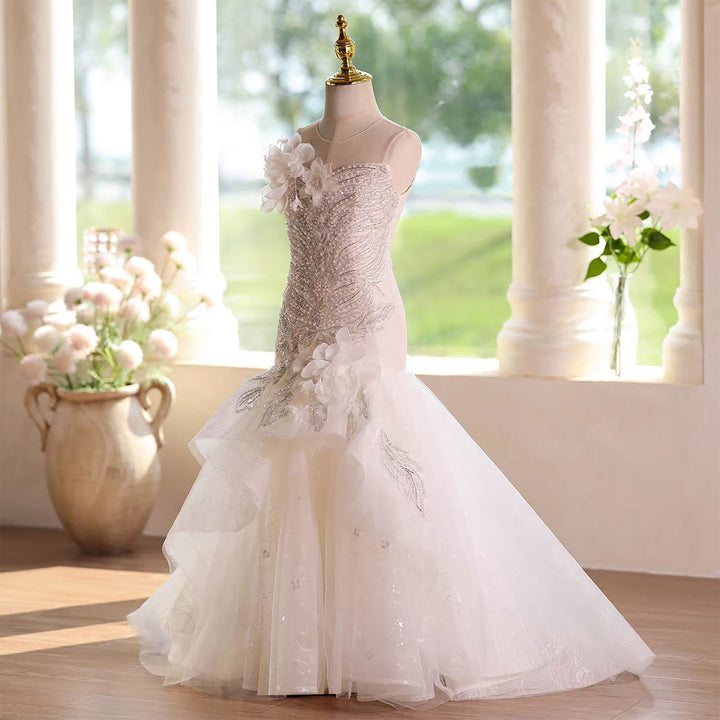 Luxury White Flower Girl Dress Mermaid with embroidery Birthday D137