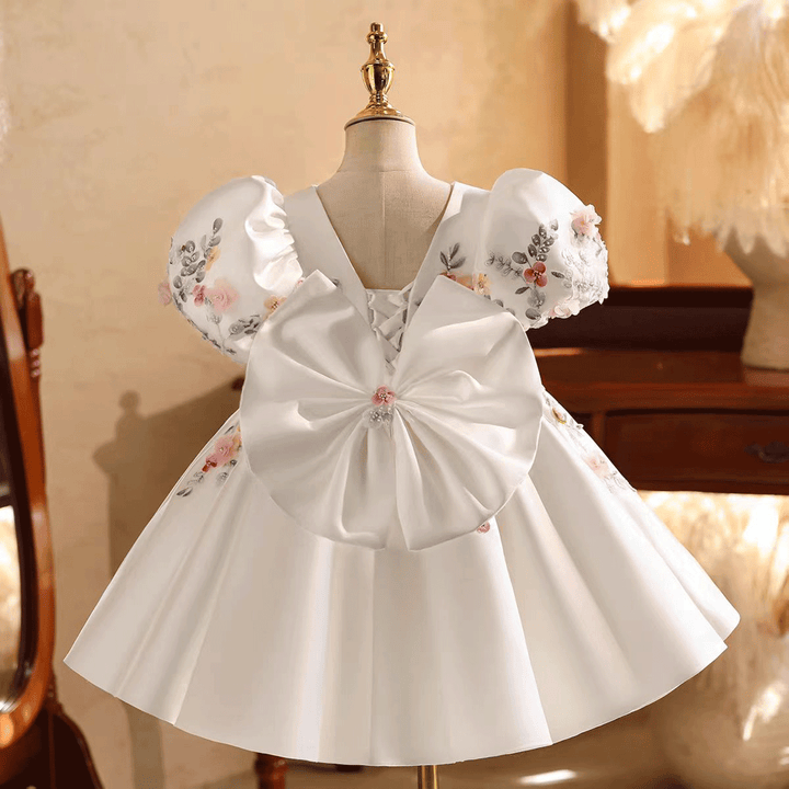 Elegant White 3D Floral Flower Girl Dress Puffy Sleeve Princess Dress for Wedding J879