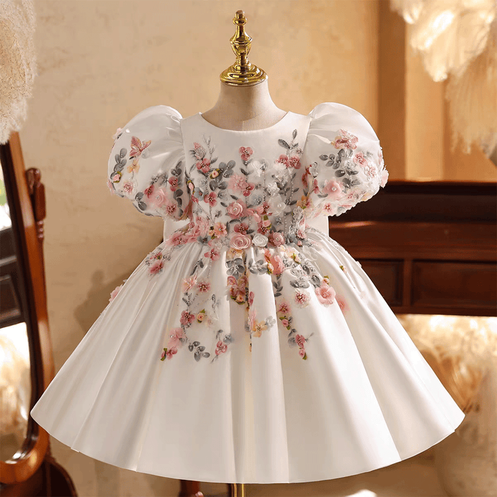 Elegant White 3D Floral Flower Girl Dress Puffy Sleeve Princess Dress for Wedding J879