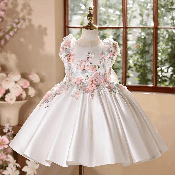 Luxury White 3D Floral Flower Girl Dress Satin Princess Dress for Wedding Party D247