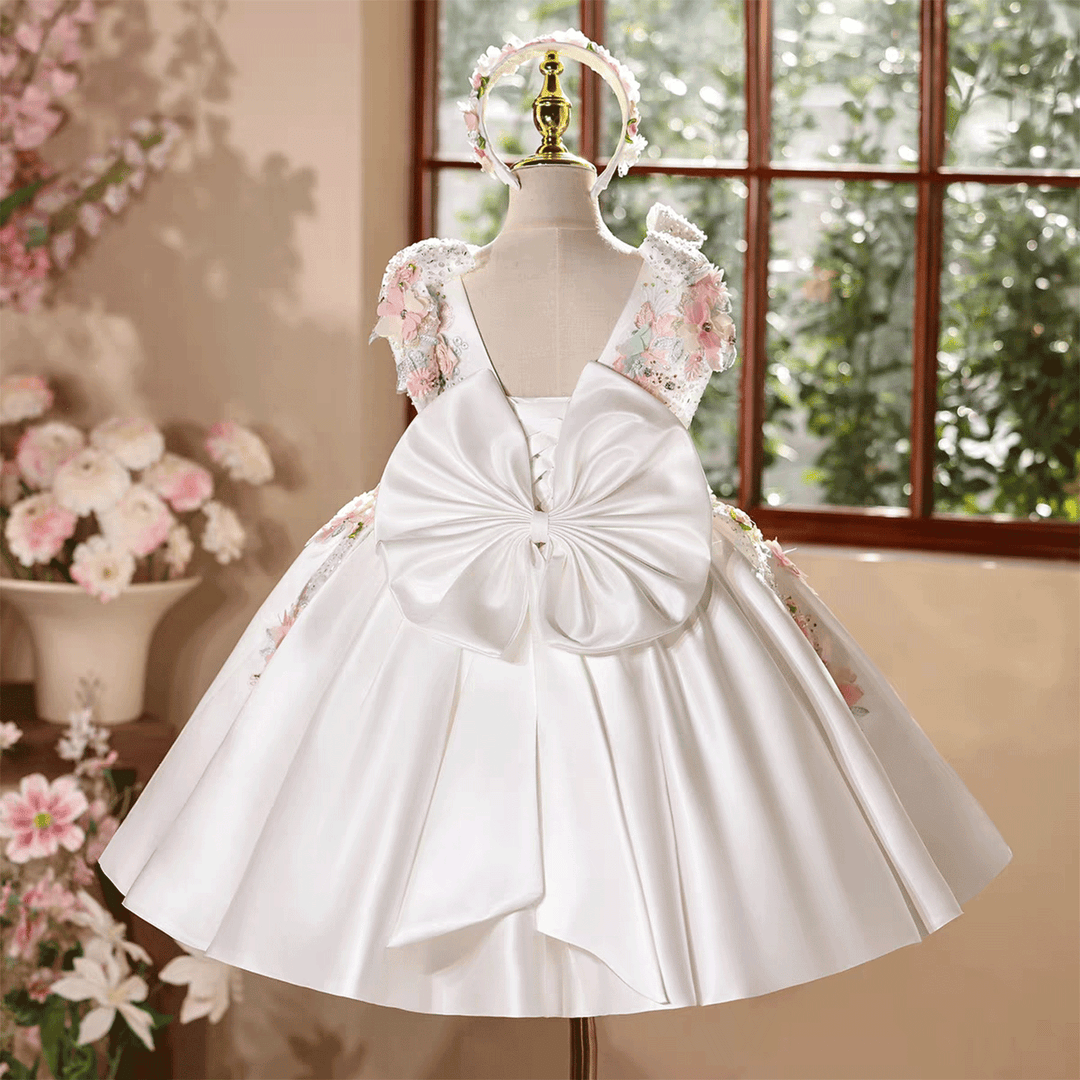 Luxury White 3D Floral Flower Girl Dress Satin Princess Dress for Wedding Party D247