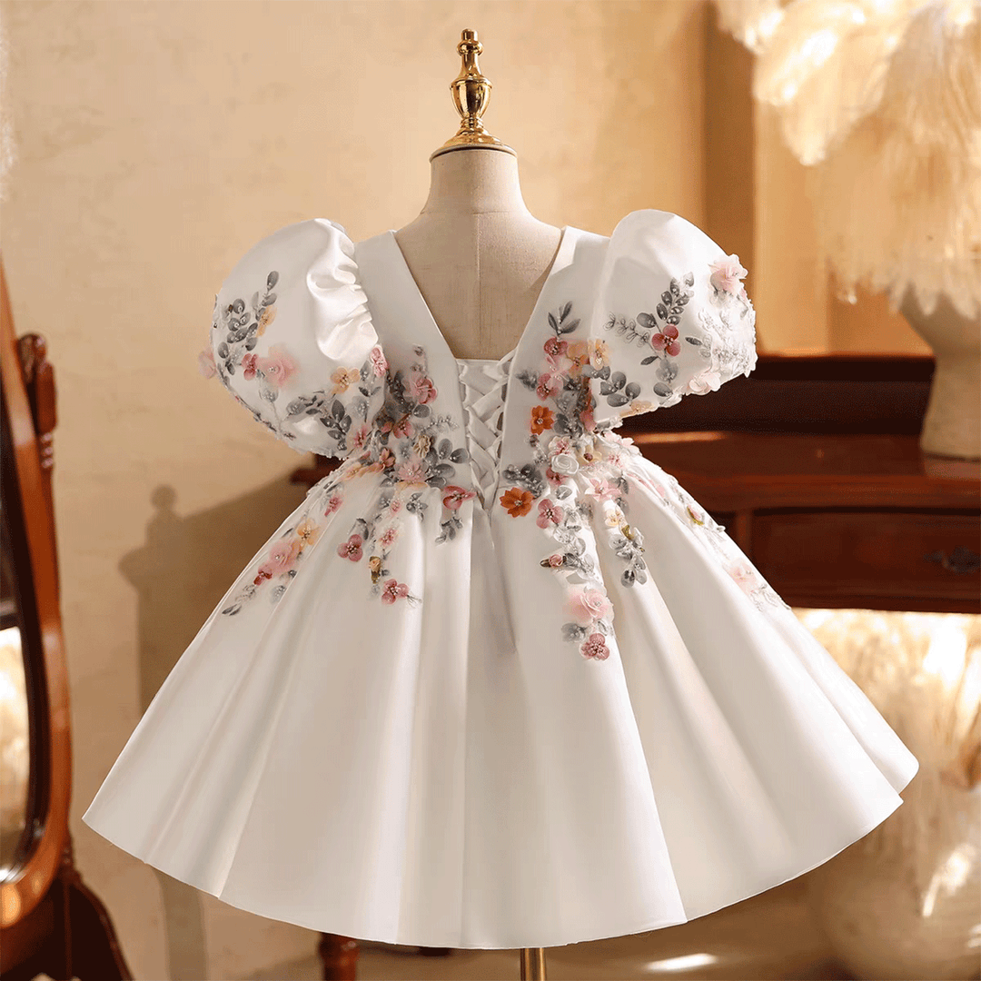 Elegant White 3D Floral Flower Girl Dress Puffy Sleeve Princess Dress for Wedding J879
