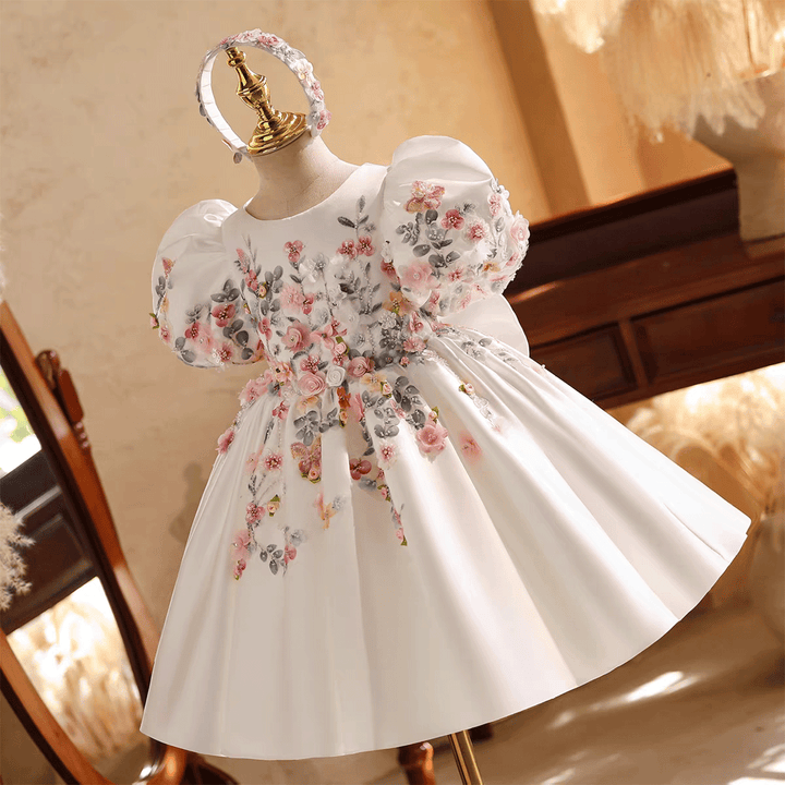 Elegant White 3D Floral Flower Girl Dress Puffy Sleeve Princess Dress for Wedding J879