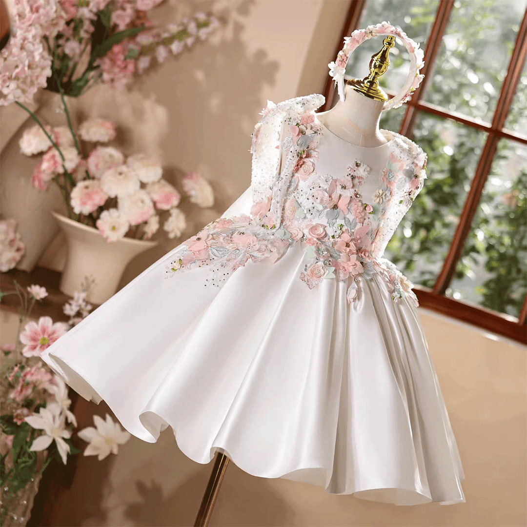 Luxury White 3D Floral Flower Girl Dress Satin Princess Dress for Wedding Party D247