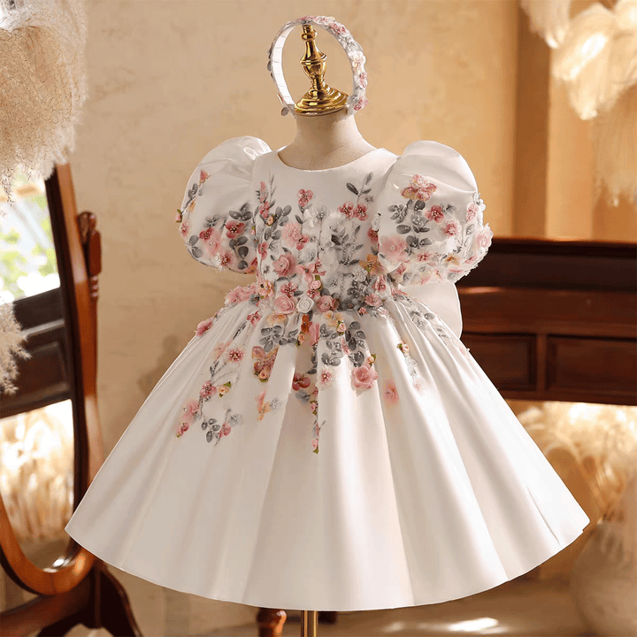 Elegant White 3D Floral Flower Girl Dress Puffy Sleeve Princess Dress for Wedding J879