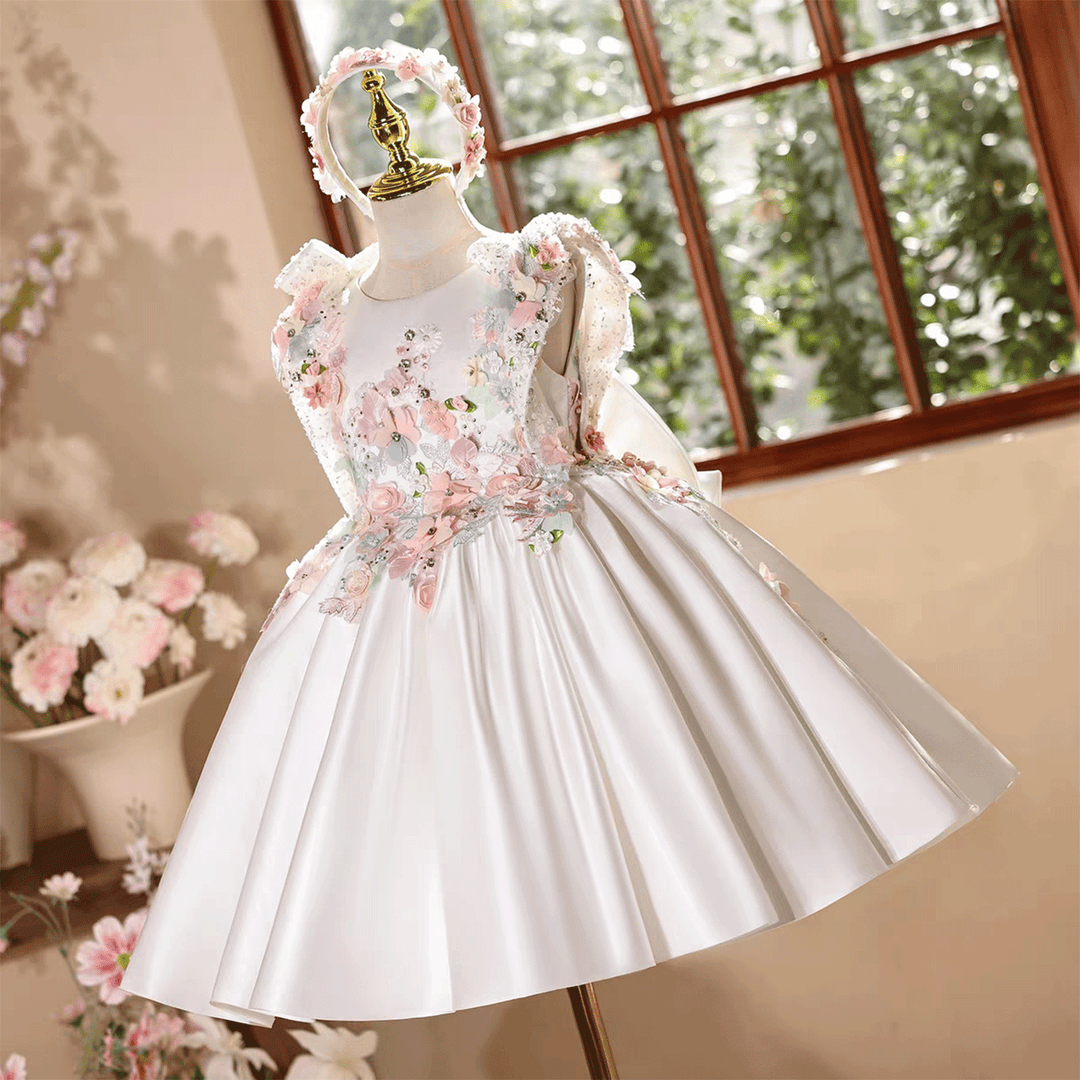 Luxury White 3D Floral Flower Girl Dress Satin Princess Dress for Wedding Party D247 Luxury White 3D Floral Flower Girl Dress Satin Princess Dress for Wedding Party D247