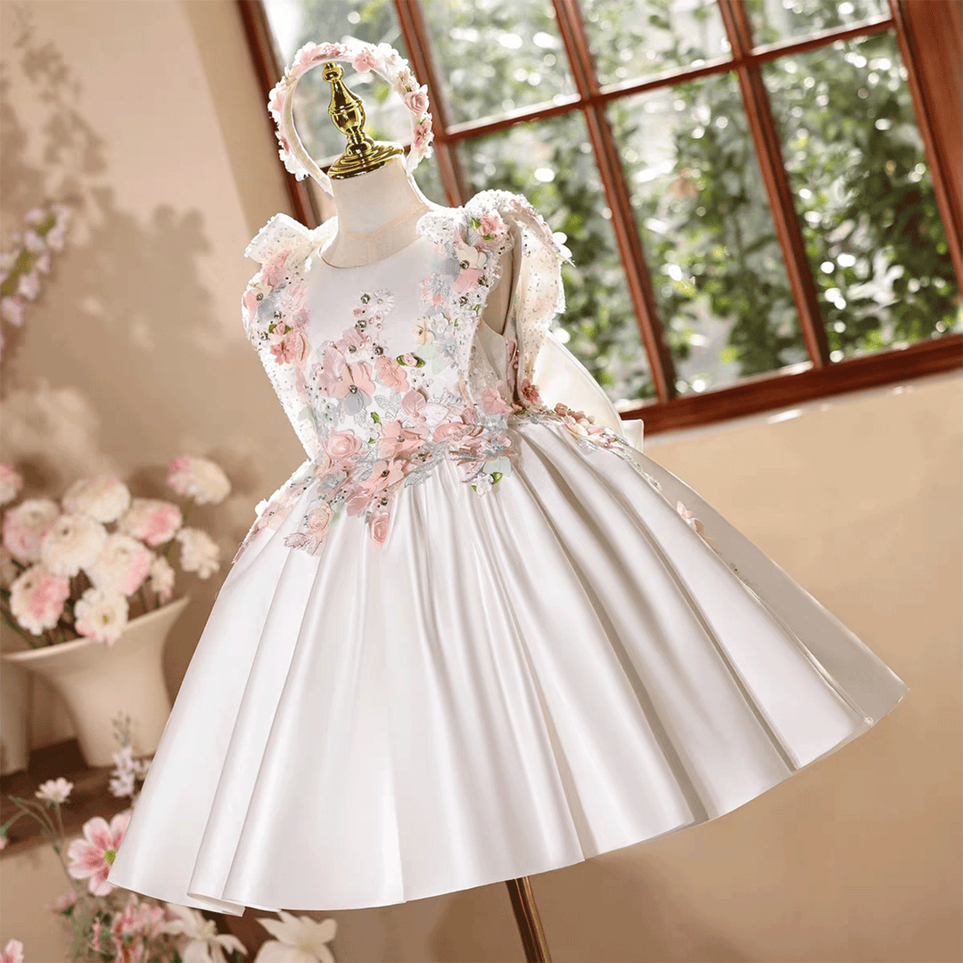 Luxury White 3D Floral Flower Girl Dress Satin Princess Dress for Wedding Party D247