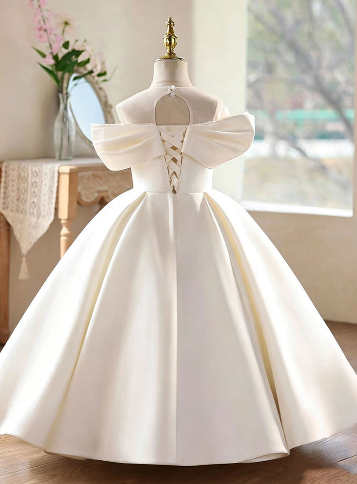 Elegant White Flower Girl Dress with Off-Shoulder 3D Floral Satin D336