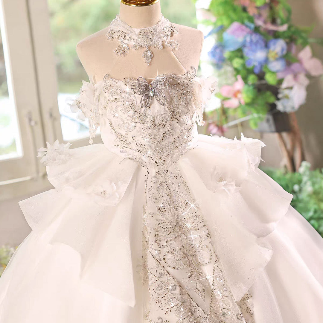 Luxury White Flower Girl Princess Dress for Birthday Pageant Party D226