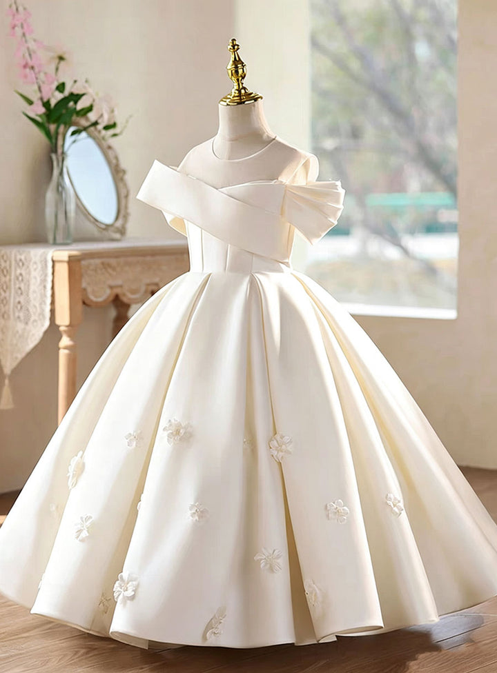 Elegant White Flower Girl Dress with Off-Shoulder 3D Floral Satin D336