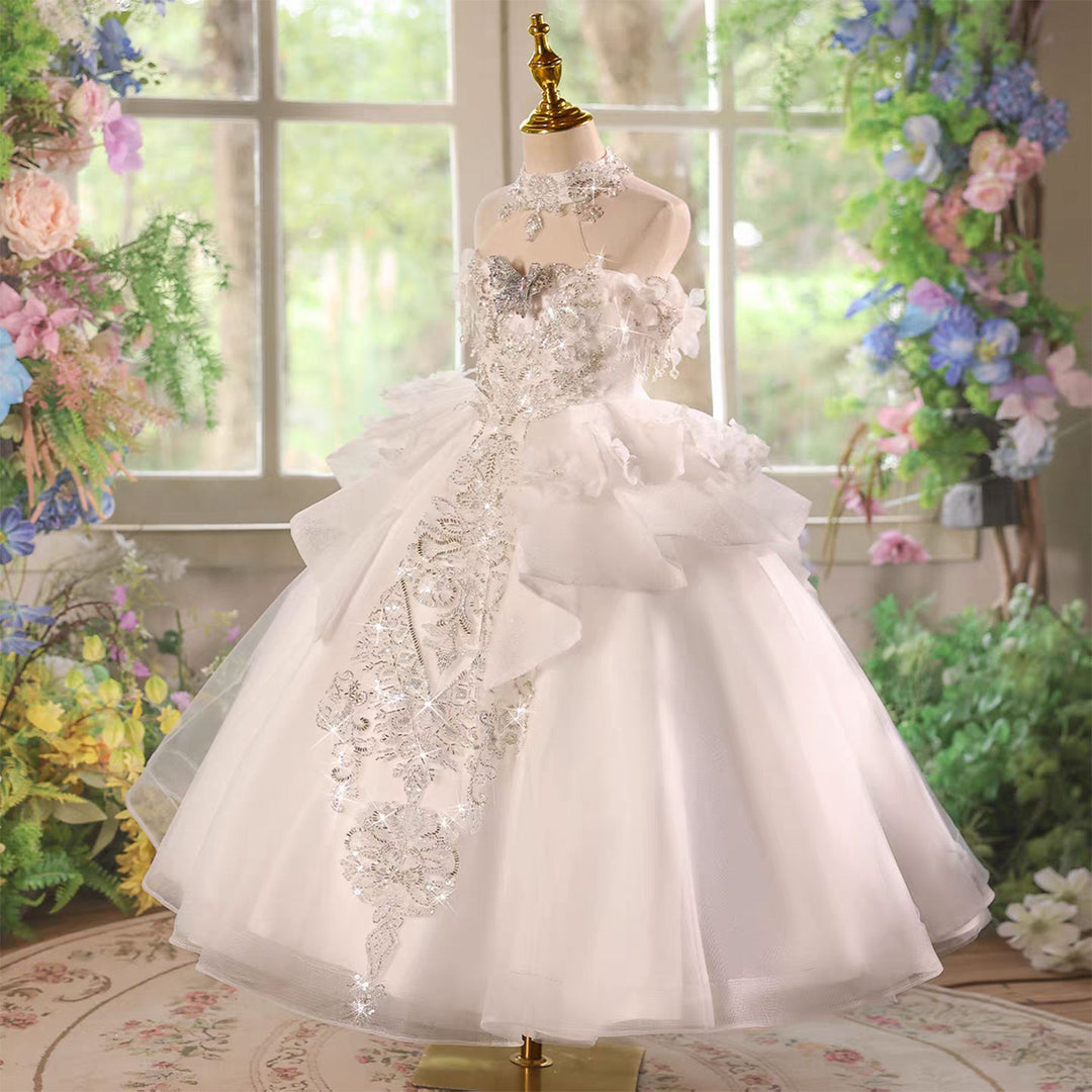 Luxury White Flower Girl Princess Dress for Birthday Pageant Party D226