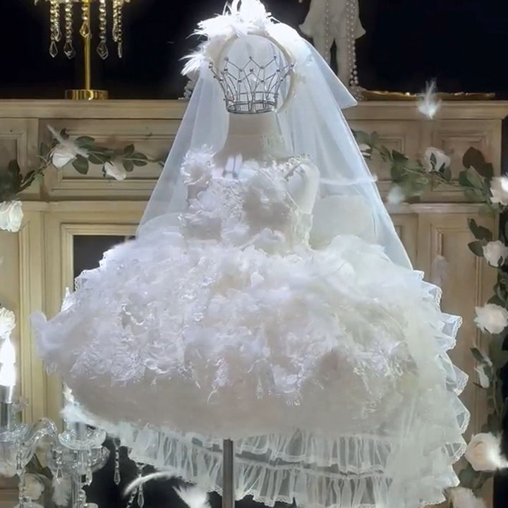 Luxury White Flower Girl Dress with 3D Floral Lace Puffy Skirt M016