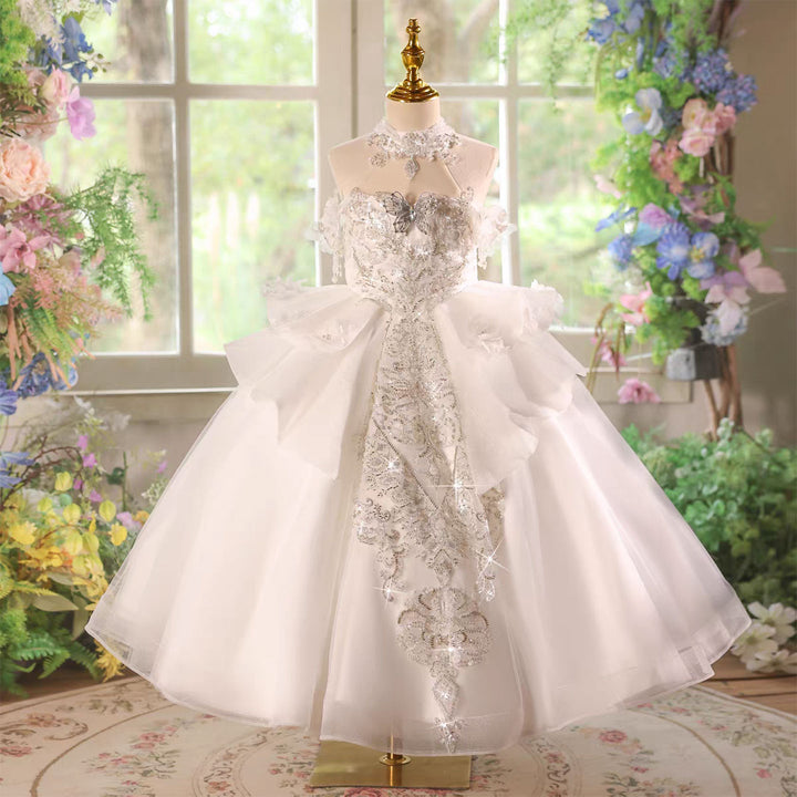 Luxury White Flower Girl Princess Dress for Birthday Pageant Party D226