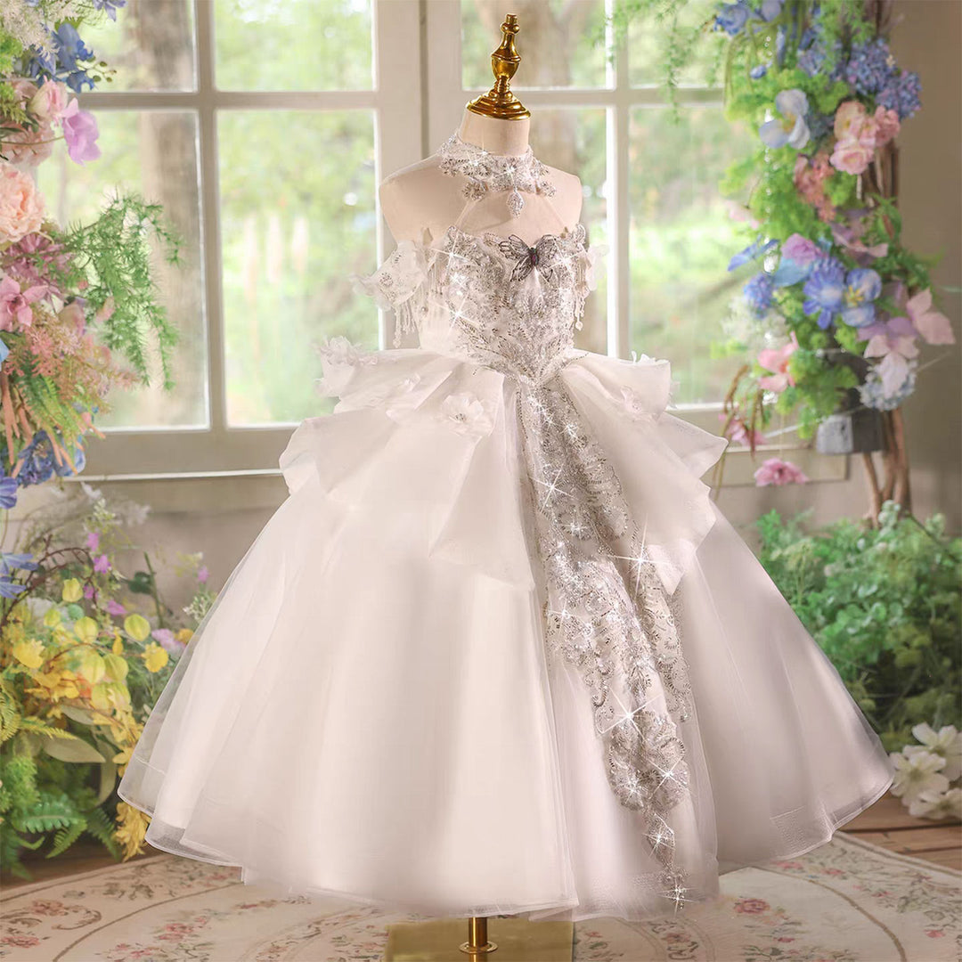 Luxury White Flower Girl Princess Dress for Birthday Pageant Party D226