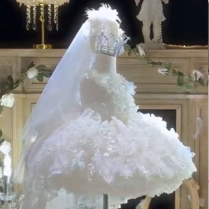 Luxury White Flower Girl Dress with 3D Floral Lace Puffy Skirt M016